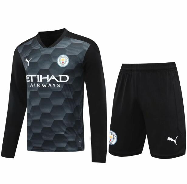 Manchester City Black Long Sleeve Goalkeeper Soccer Jersey Kits (Shirt+Shorts) 2020/21